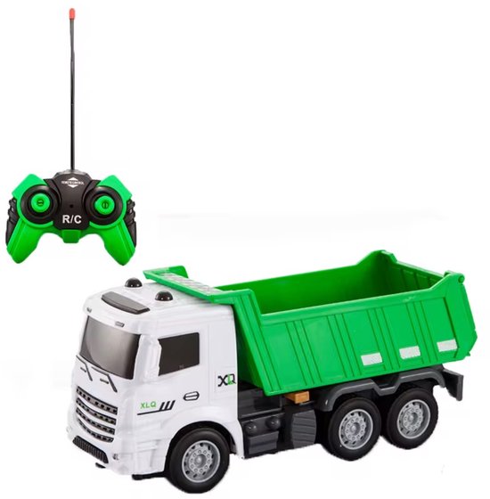 Wit en groen op afstand bestuurbare kiepwagen met groene afstandsbediening.