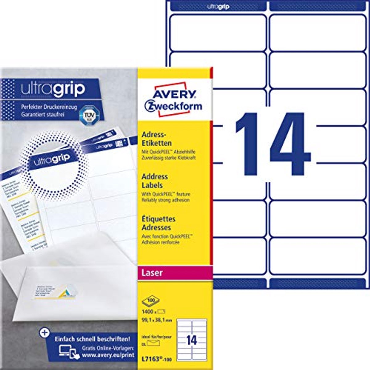 Adresetiketten met Ultragrip Technologie - 99,1 x 38,1 mm, DIN A4, Zelfklevend, Wit, 100 Blatt