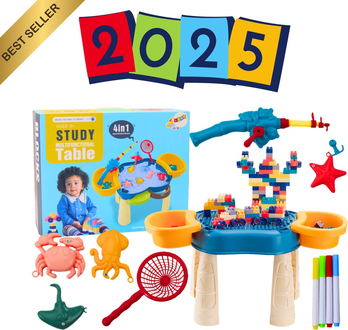 Multifunctionele 4-in-1 Speeltafel – Bouwstenen, Vissen, Tekenen & Gereedschap – Educatieve Tafel voor Kinderen – Speelgoed 1, 2, 3 Jaar - Inclusief Accessoires – Blauw – Met Ebook – CE EN71