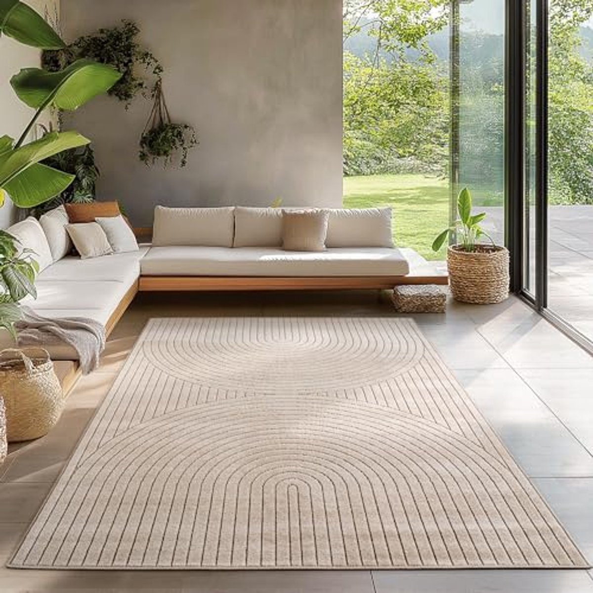 Vloerkleed voor Woonkamer en Slaapkamer - Laagpolig Beige, Hoog-Laag Effect, Zacht en Wasb