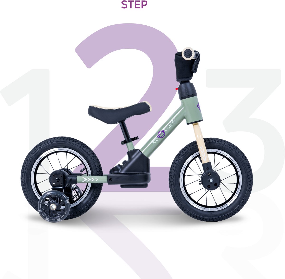 Kidcruiser Loopfiets 2+ jaar - Optioneel met LED Zijwieltjes & Trappers - 3-in-1 Kinderfiets - 12 inch – Lichtgroen – Modulair Design — afbeelding 6