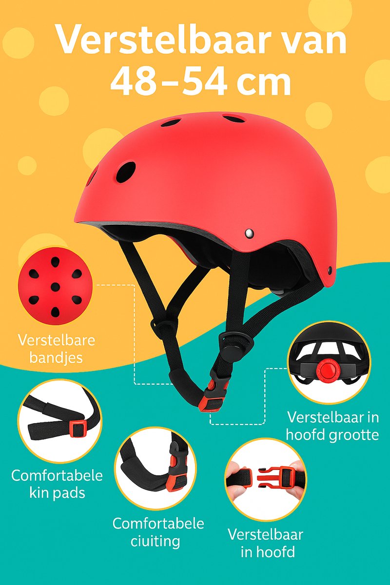 Hunta® Kinderhelm Maat S – Rode Verstelbare Fietshelm en Sporthelm – Voor Inline Skates, Rolschaatsen, Skateboarden en Fietsen — afbeelding 3