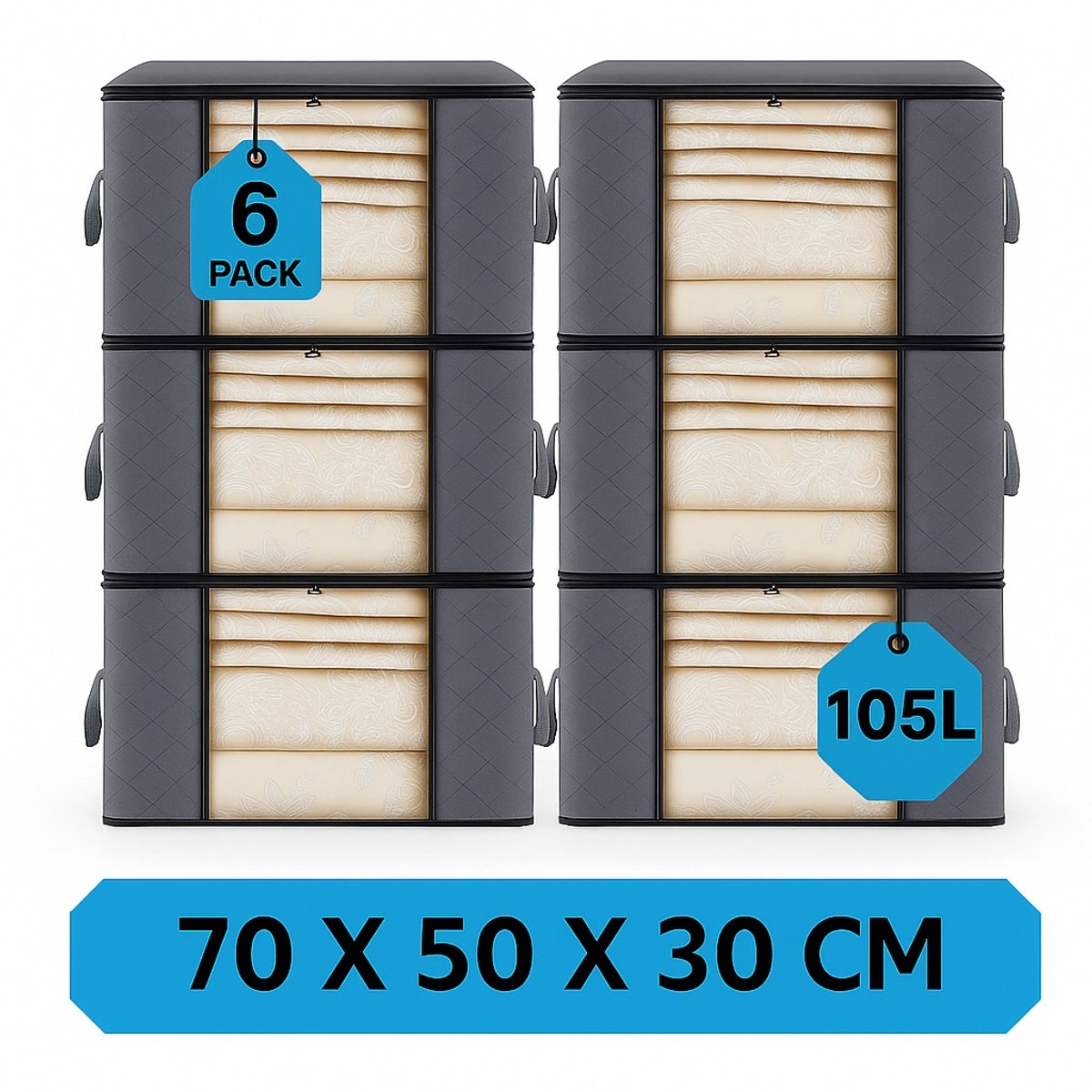 MeubelsvanJoep 6 stuks grote opbergdozen 105 liter, opbergdoos met deksel, versterkte handgreep, kleding, opbergtas, kledingdoos, verhuisdozen voor kleding, jurken, beddengoed, grijs 6 zakken (Grijs)