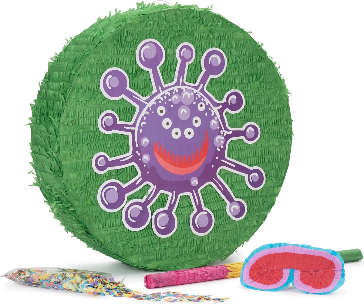 Lumaland - "Beat the Virus" Pinata set incl. pinata blinddoek, stok en 50 gr confetti - 50x50x15 cm - Groen/Purper