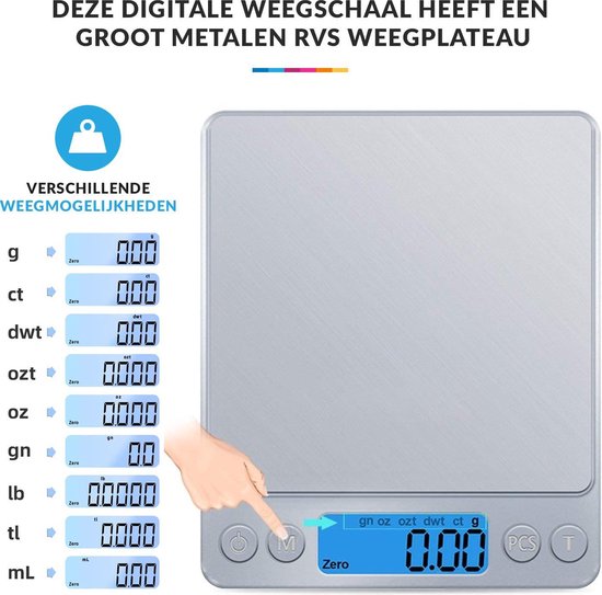 Keukenweegschaal Digitaal met Kom - Inclusief Batterijen - Precisie Weegschaal RVS - 500g x 0.01g - YONO