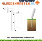 Vlaggenmast draaitop systeem met banieruithouder, 8 meter aluminium cilindrisch 85 mm wit gecoat compleet knop, geleidingsringen, contragewicht en kantelvoet - 8508W3C