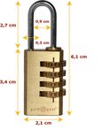 Goudkleurig hangslot met 4 cijferrollen ingesteld op 1098. Afmetingen zijn aangegeven met pijlen.