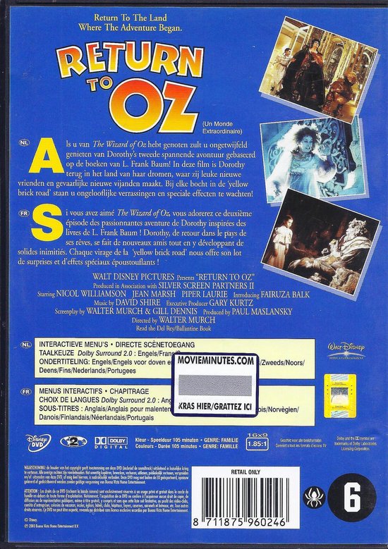 Return to Oz DVD-hoes met tekst in het Nederlands en Engels. De film volgt Dorothy op haar reis.