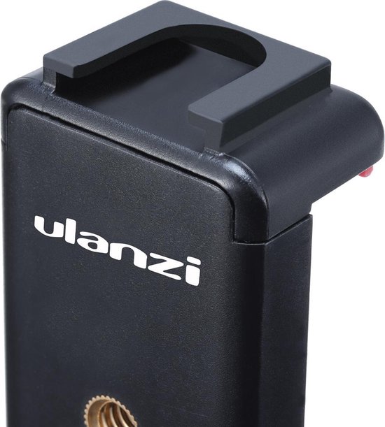 Zwarte Ulanzi telefoonhouder met cold shoe-mount en schroefdraadaansluiting.