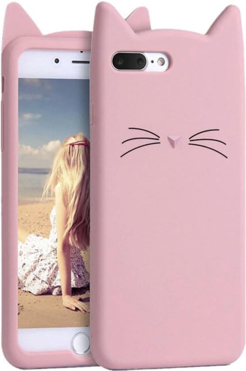Geschikt voor Apple iPhone 7 Plus - iPhone 8 Plus Backcover - Roze - Poes - Soft TPU Hoesje