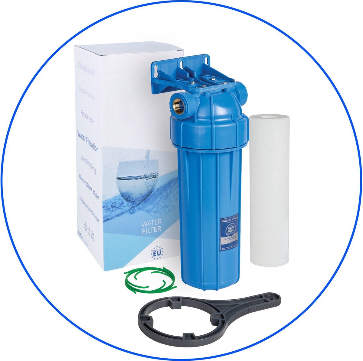 Aquafilter Filterhuis blauw 10 " met 3/4" aansluitingen met sedimentfilter 5 micron.