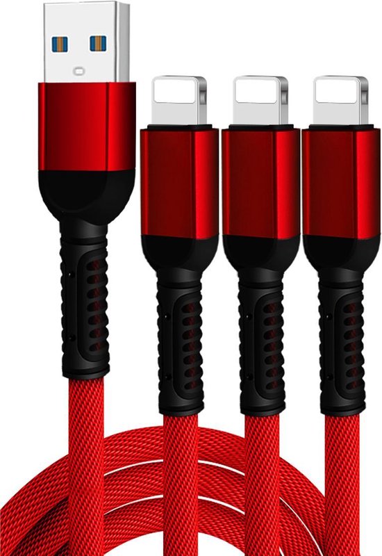 USB Oplaadkabel met 3 lightning Connectors Kleur Rood