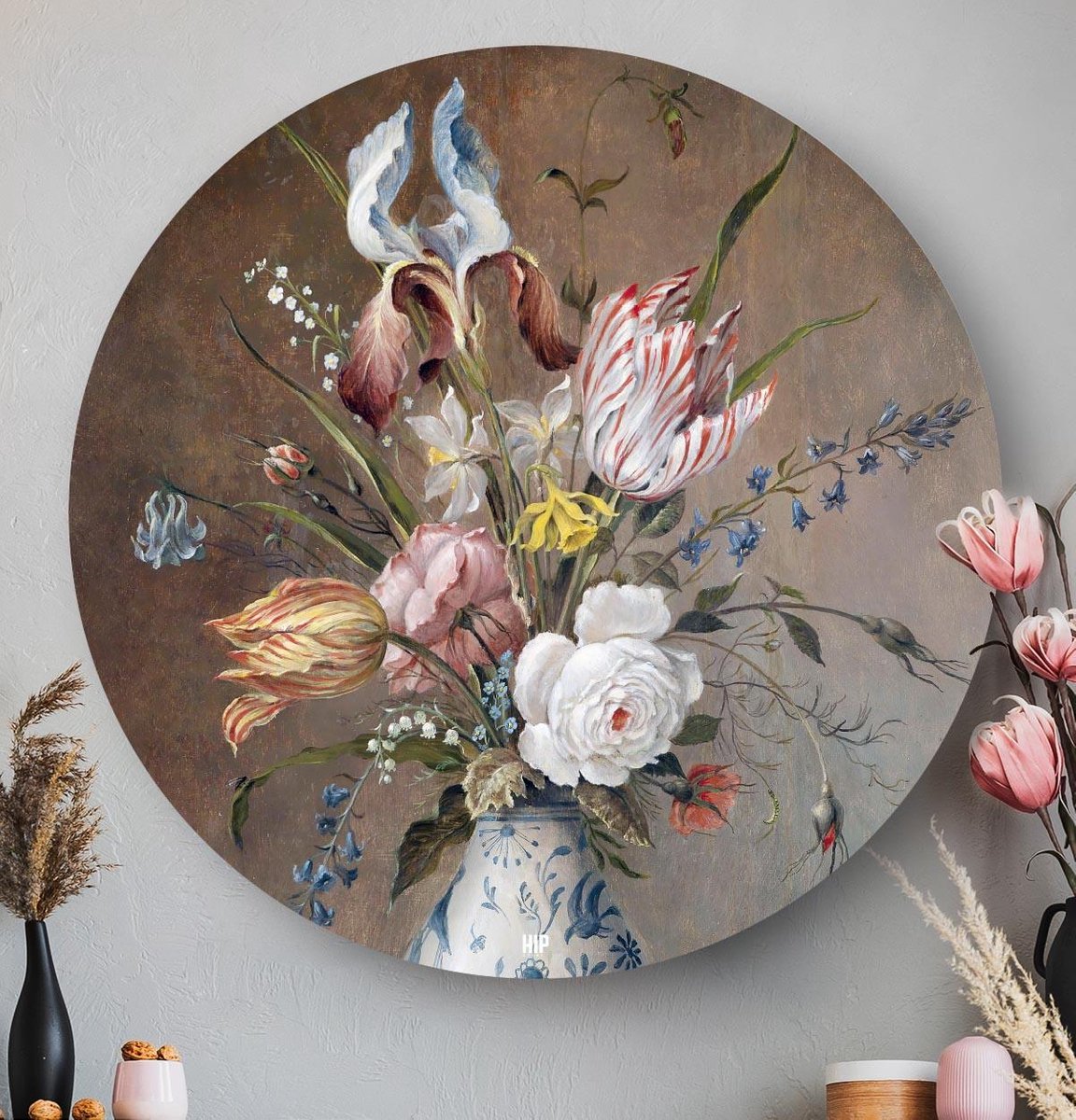 HIP ORGNL Schilderij Bloemstilleven met Porseleinen vaas - ⌀40cm
