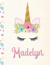 Madelyn: Personalized Unicorn Primary Handwriting Notebook For Girls With Pink Name - Dotted Midline Handwriting Practice Paper