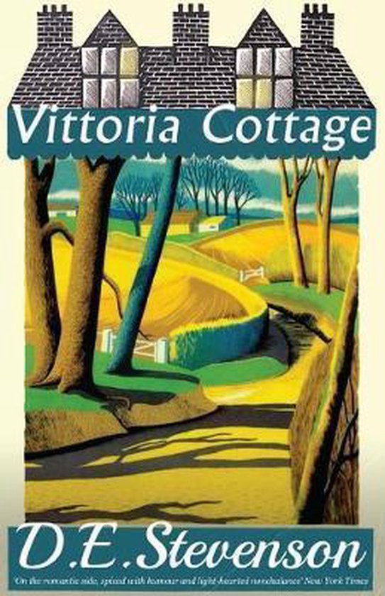 Boek "Vittoria Cottage" van D.E. Stevenson, met een illustratie van een cottage en landschap.