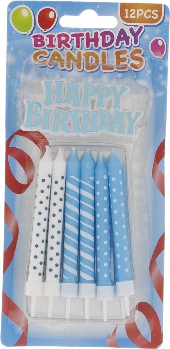 Verjaardagskaarsjes 12 x |  Happy Birthday Candles | Happy Birthday Taart| Taart Kaarsjes jongen | Blauwe Kaarsjes  - 12 Stuks Blauw Wit