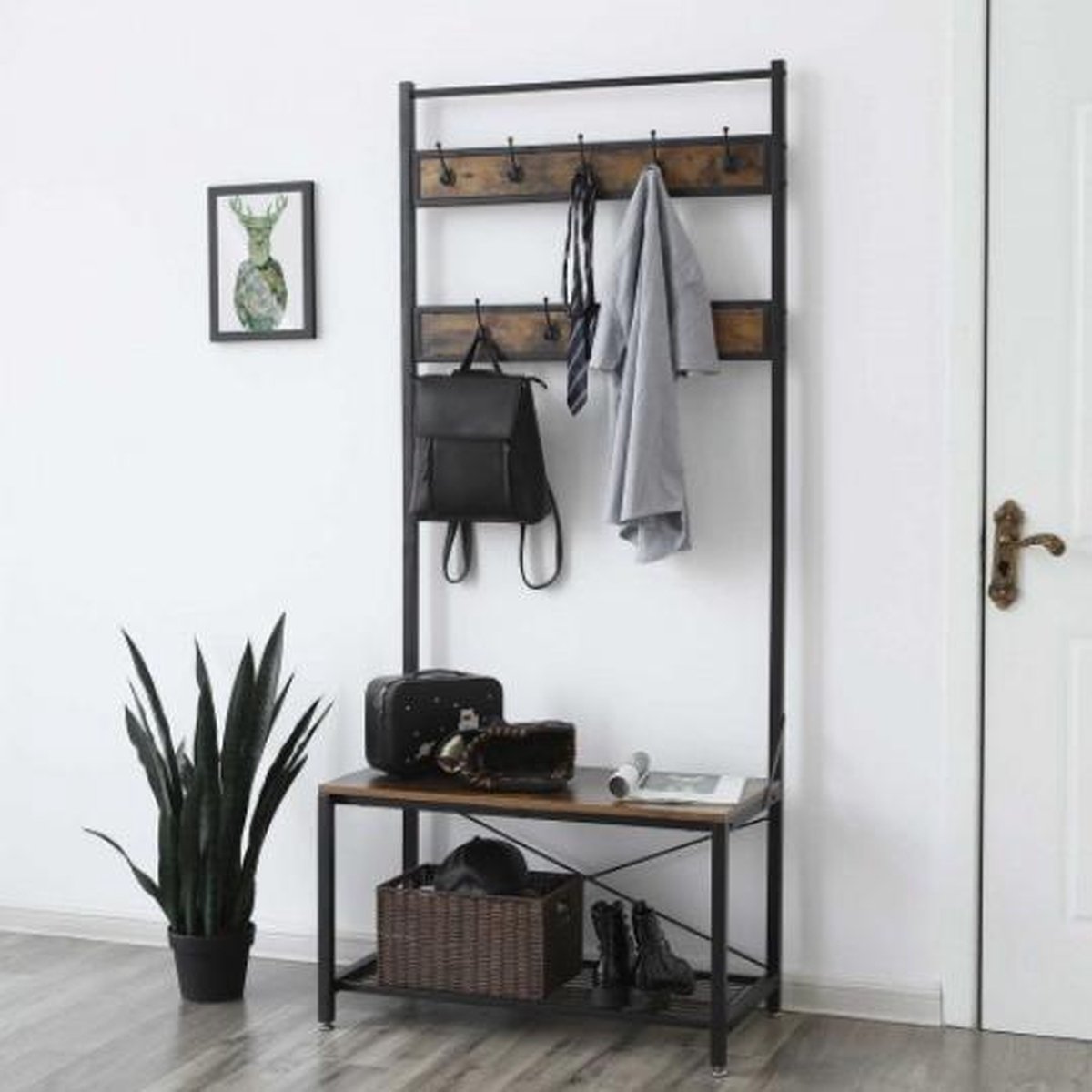 MIRA Home - Kapstok - Garderoberek met kapstok - Industrieel - Bruin/zwart - 184x42x80 - Merkloos