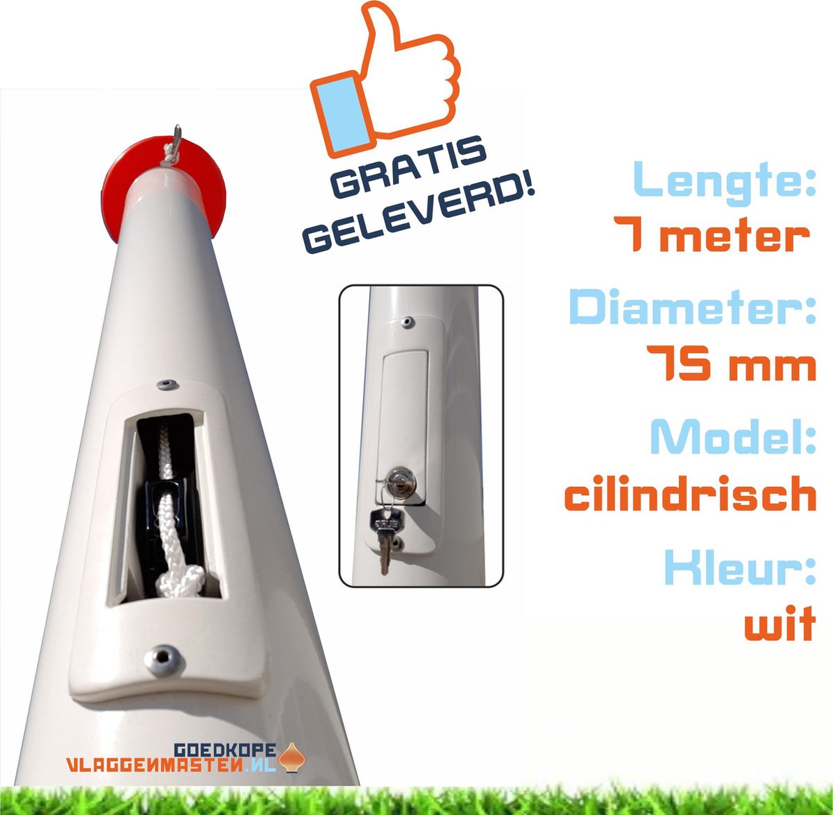 Vlaggenmast wit, 7 meter, diameter 75 mm. Aluminium clilindrisch, wit gecoat incl. anti-diefstal systeem met cilinderslot, oranje knop en contra-gewicht, zonder grondbevestiging. Type BASIC SAFE 7507W2 - goedkope-vlaggenmasten.nl