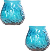 2x Blauwe mini lowboy tafelkaarsen 7 cm 17 branduren - Kaars in glazen houder - Horeca/tafel/bistro kaarsen - Tafeldecoratie - Tuinkaarsen