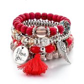 Bracelet 'Je t'aime' - Rouge - Bracelet à breloques fait main - Bracelet Boho - Bracelet d'amitié - Bracelet en Bracelets de perles - Bracelet Ibiza - 4 couches - Boho chic