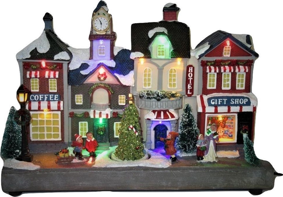 Kersthuisjebestellen - Kerstdorp - Kersthuisjes met verlichting - Winkelstraatje met LED lampjes - Draaiende Kerstboom - Muziek