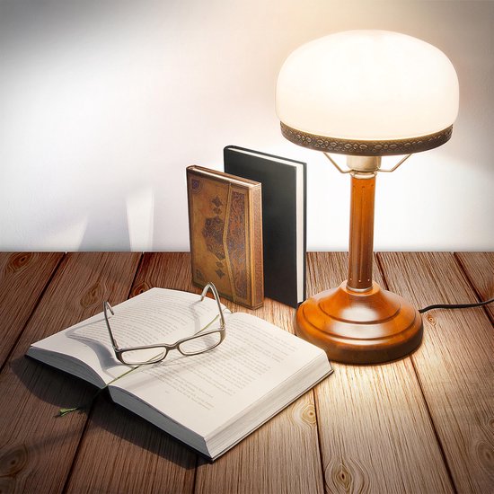 relaxdays Lampe rétro bois / métal / verre - abat-jour rond, lampe de  bureau vintage,... | bol