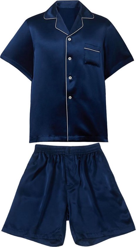 Heren zijden pyjama set (korte mouwen, korte broek), Marine blauw, M | bol
