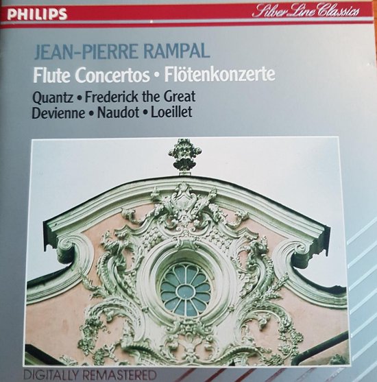 Voorkant cd-hoes met "Jean-Pierre Rampal Flute Concertos" op een grijze achtergrond. De afbeelding toont een roze gebouw met gedetailleerde versieringen.