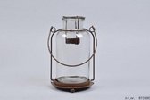 Waxinelichtjeshouder van glas: Melkbus. met bruin metalen frame (roest), Daan Kromhout Design 23 x Ø 10 cm
