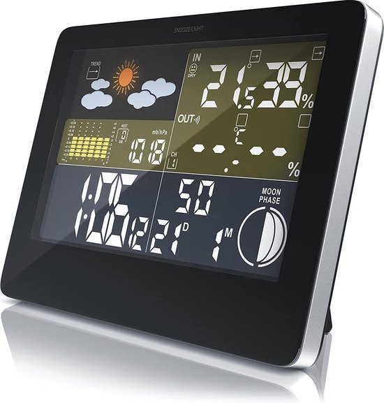 Réveil digital noir affichage prévision météo par icônes - baromètre et  température