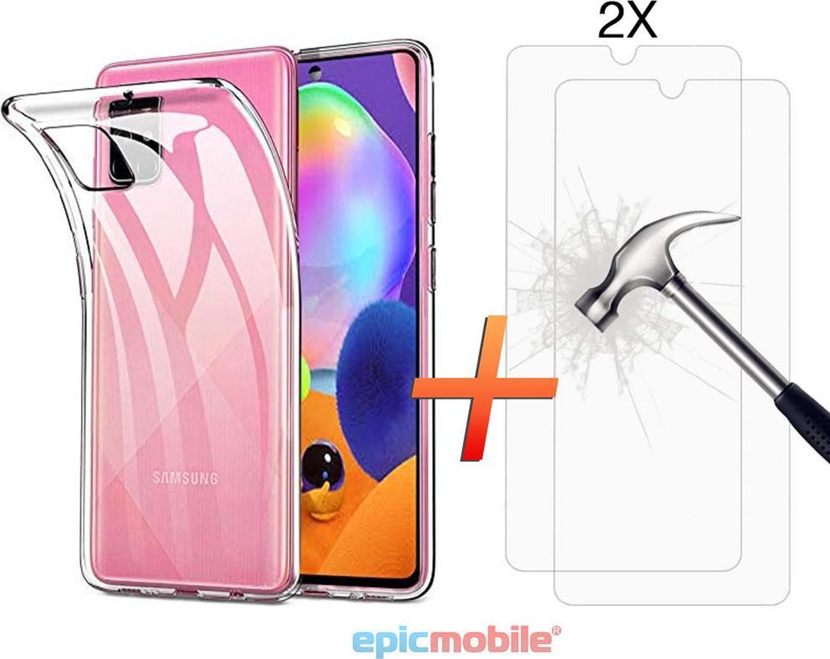 Samsung Galaxy A31 Hoesje Transparant Siliconen Case met 2X Screenprotector - Tempered Glass - Epicmobile