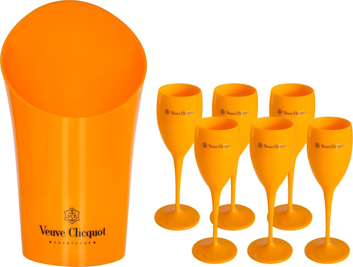 6x Veuve Clicquot champagneglazen + wijnkoeler (oranje)