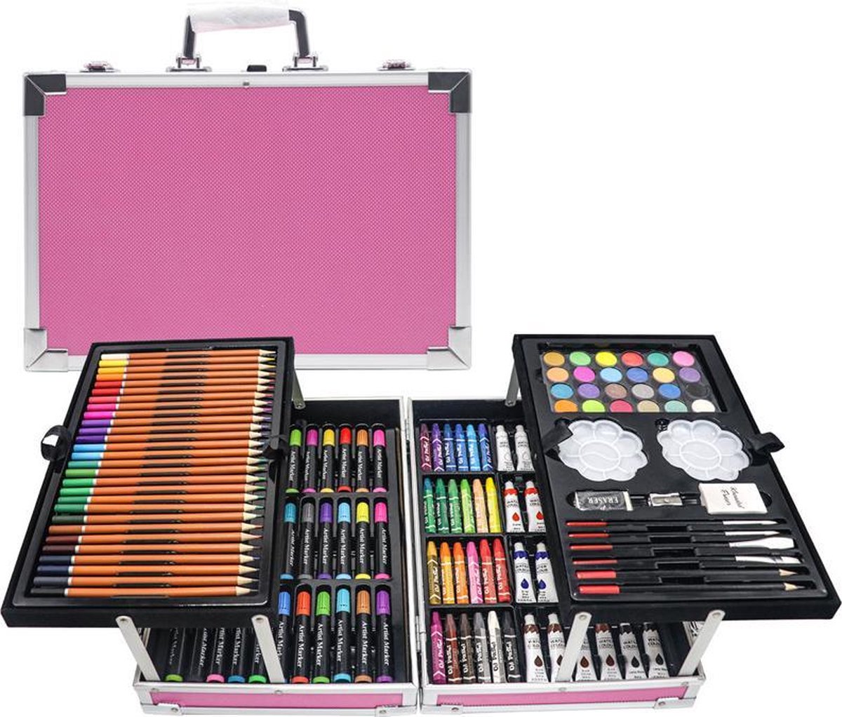 kleurkoffer - tekenkist - 145 stuks - schilder koffer - tekensets - tekendozen - roze - Pro Drawing®