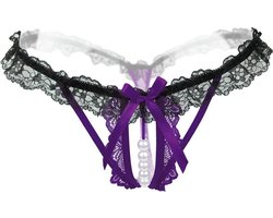 Erotische Lingerie Slipje - Sexy Parel Slipje - Sexy Kanten Open Kruis String - Zwart/Paars