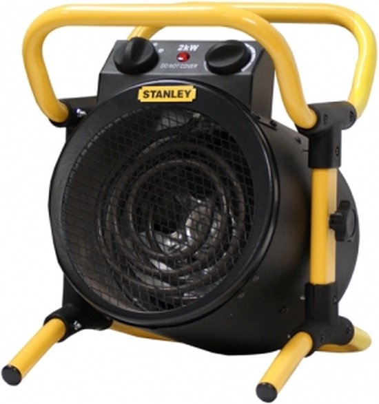 Stanley turbo-elektrische kachel van 2 kW in zwart met geel frame.