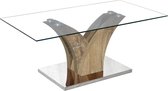 Design salontafel 110 cm met rechthoekig glazen blad en een MDF- en eikenkleurig metalen frame