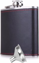 Zwart kunstlederen RVS heupfles 180ml - Veldfles zwart leder - Platvink - Zakflacon - Heupflacon zwart leer - Pu Leren Drankfles - Drankflacon - Zakfles