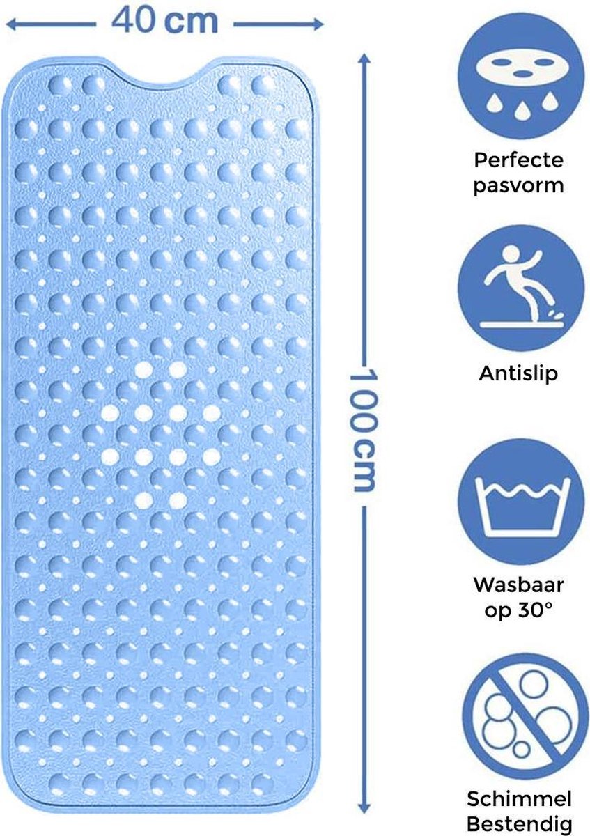 Nince Badmat Anti slip van Hoge Kwaliteit (Blauw) - 100x40 cm - Douchemat Antislip - Mat voor in Bad - Nince