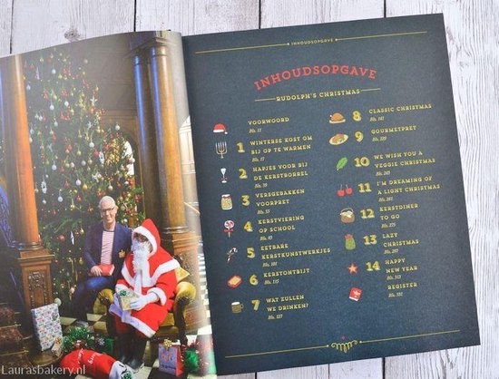 Pagina uit 'Rudolph's Christmas' met inhoudsopgave. Links Rudolph van Veen en de Kerstman bij een kerstboom.