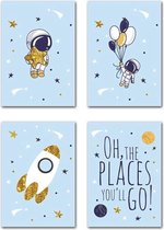 Astronaut Prints | Kinderkamer Decoratie Jongens | A4 Formaat | 4 Stuks | Jongenskamer Decoratie | Posters | Ruimtevaart | Wanddecoratie | Kinder Posters