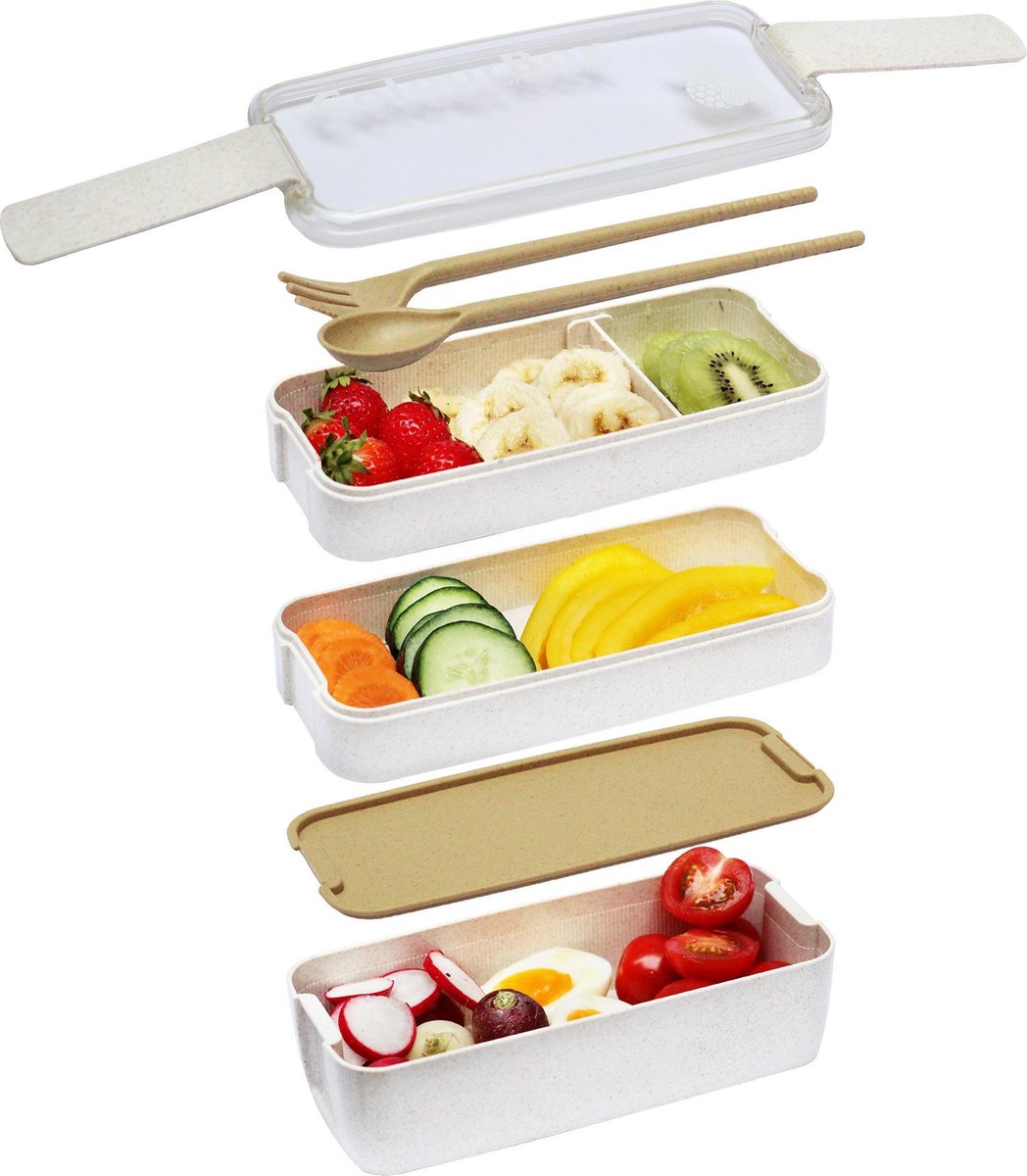 Beige Lunchbox van Colourfam® - Duurzaam en Eco Bento Lunchbox met 3 lagen inclusief Bestek - Magnetron - Vriezer - Vaatwasser - Bestendig - Milieuvriendelijk - Lunchbox Volwassenen - Broodtrommel