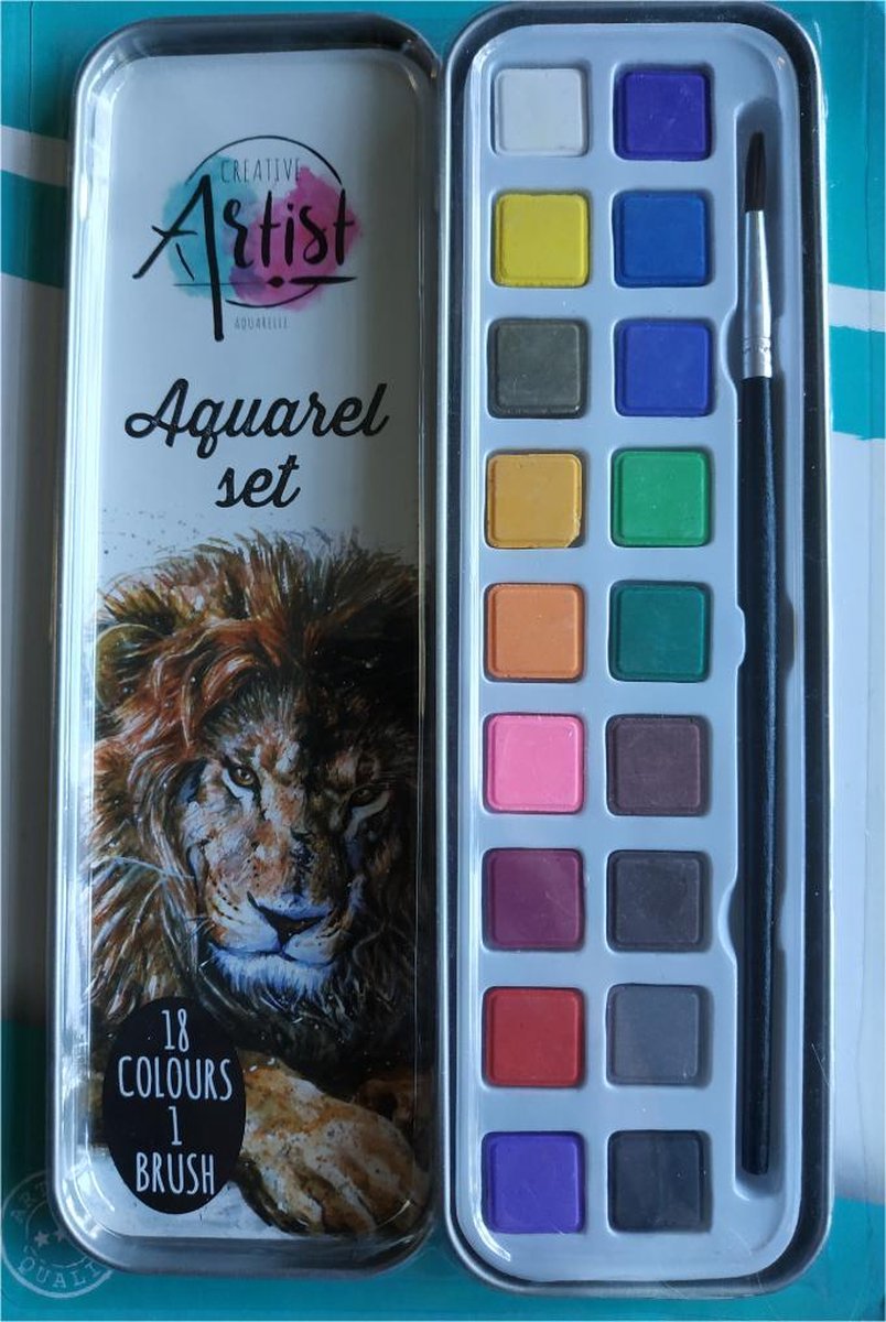 Aquarel set met kwastje en 18 kleuren verf