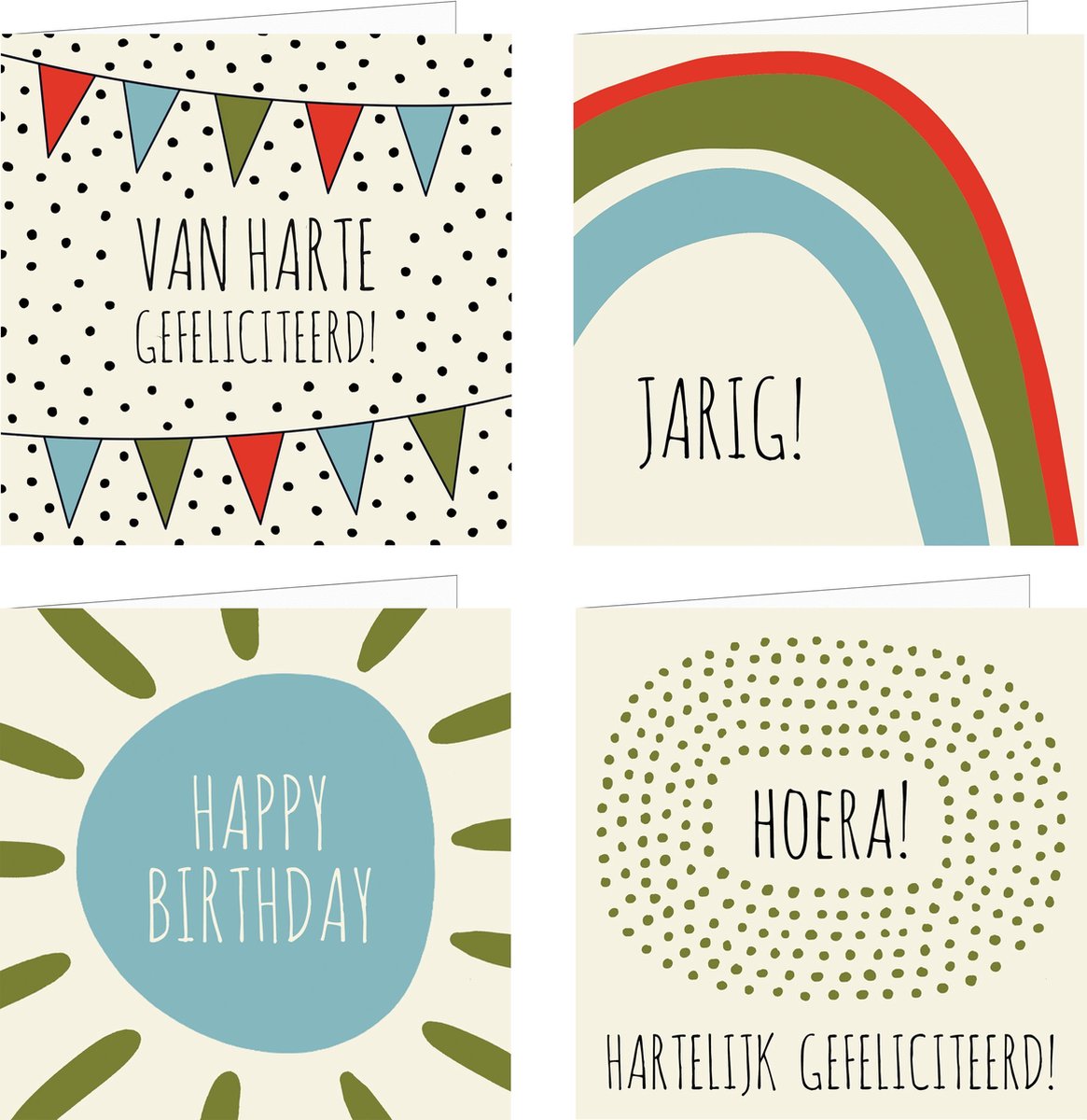 4x verjaardagskaarten | HAPPY COLORS | wenskaarten / set kaarten met enveloppen | jarig / verjaardag