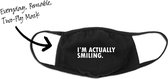 Mondmasker - I'm actually smiling - One Size (Volwassenen) - Mondkapje Wasbaar - Niet-medisch - 100% Katoen - Mondmasker - Mondkapjes - Mondkapje zwart - Herbruikbaar - 2 stuks