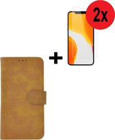 Geschikt voor iPhone 12 Hoesje + 12 Screenprotector - 12 hoes Wallet Bookcase Bruin + 2x Screenprotector