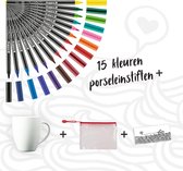 Edding 4200 porseleinstiften – Compleet pakket: 15 kleuren porseleinstiften in etui + mok + 2 sjablonen.