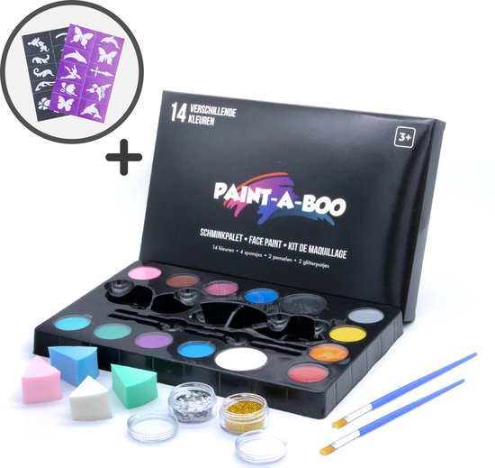 iets Hardheid code Paintaboo® Schminkset op waterbasis – 14 Kleuren – Inclusief penselen,  glitters en... | bol.com