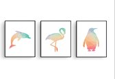 Postercity - Design Canvas Poster Set Geometrische Dolfijn Flamingo en Pinguin / Kinderkamer / Dieren Poster / Babykamer - Kinderposter / Babyshower Cadeau / Muurdecoratie / 30 x 21cm / A4