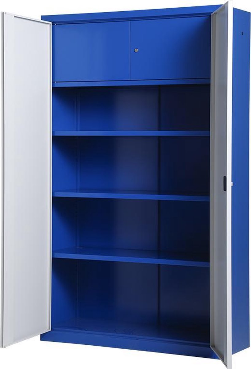 Metalen draaideurkast met extra afsluitbaar legbord, Archiefkast, Kantoorkast I 199x120x43.5 cm I blauw/grijs I DKP-108 I Povag