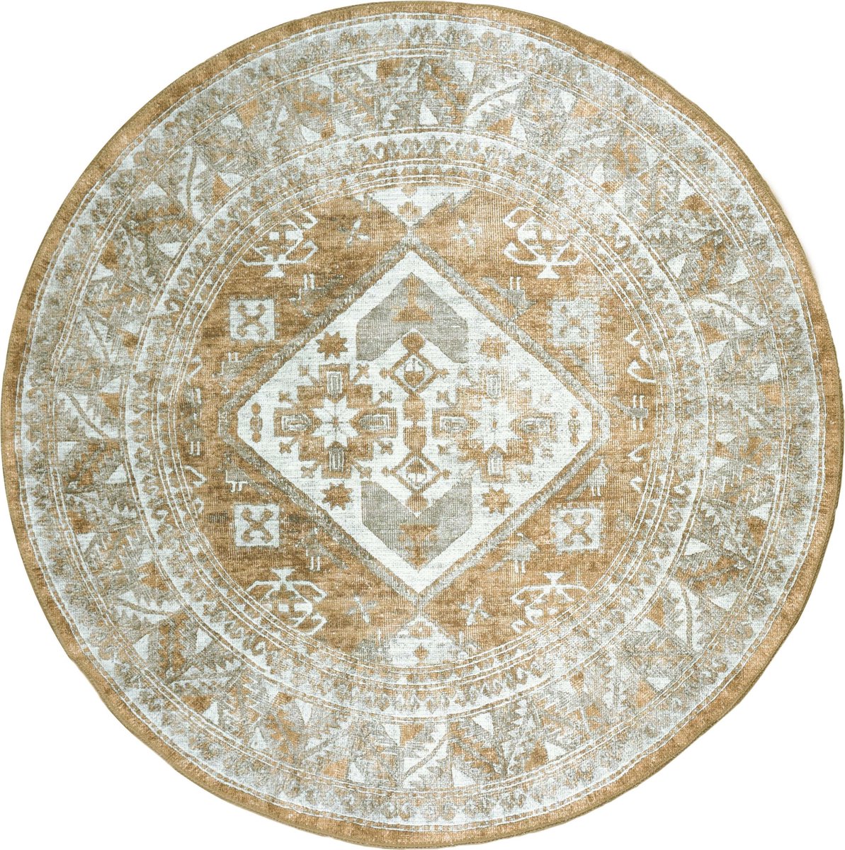 Veer Carpets Vloerkleed Laria Brown 5 Rond - ø200 cm - Laagpolig – Vintage / Klassiek Medaillon Beige